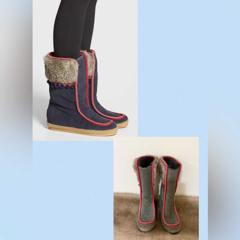 Tory Burch Leland boots in green/grey suede with rabbit and lamb Australia fur
